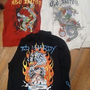 Ed Hardy Graphic Hoodie Sweatshirt - Black with Flames & Tiger